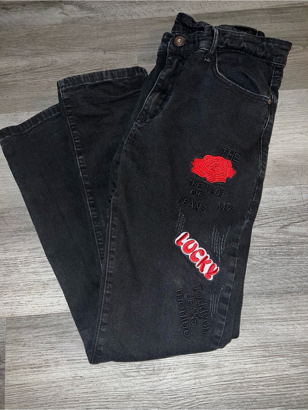 High-Rise Black Women’s Distressed Patch Jeans